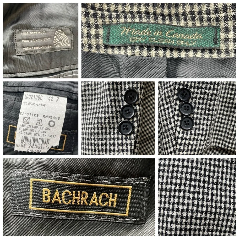 Bachrach Suit Blazer Jacket Sport Coat Black White Size 42R Wool Check Office